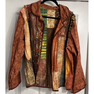 Patchwork Jacket Women 1X Open Front Boho‎ Hand Sewn Ruffle Embroidered Wheat